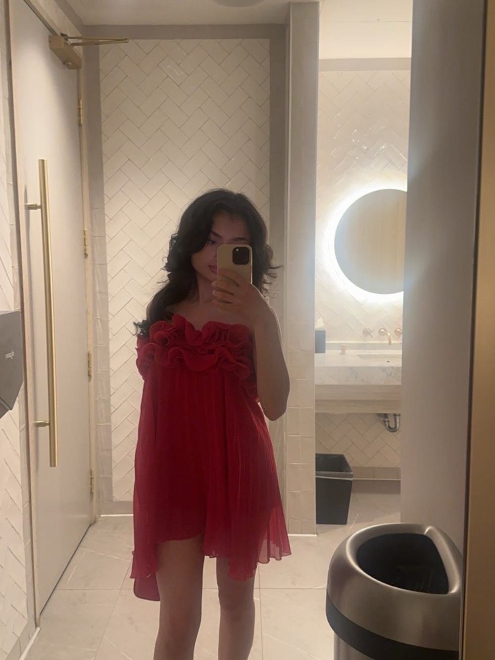 Zara Dark Pink Elegant Pleated Ruffled Mini Dress with Flower Details - XS